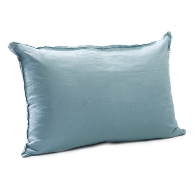 Gentle dusty blue bedhead cushion in stonewashed French flax linen, with hand-tufted edges, offering a muted, serene hue that adds a relaxed, tranquil touch to any room.