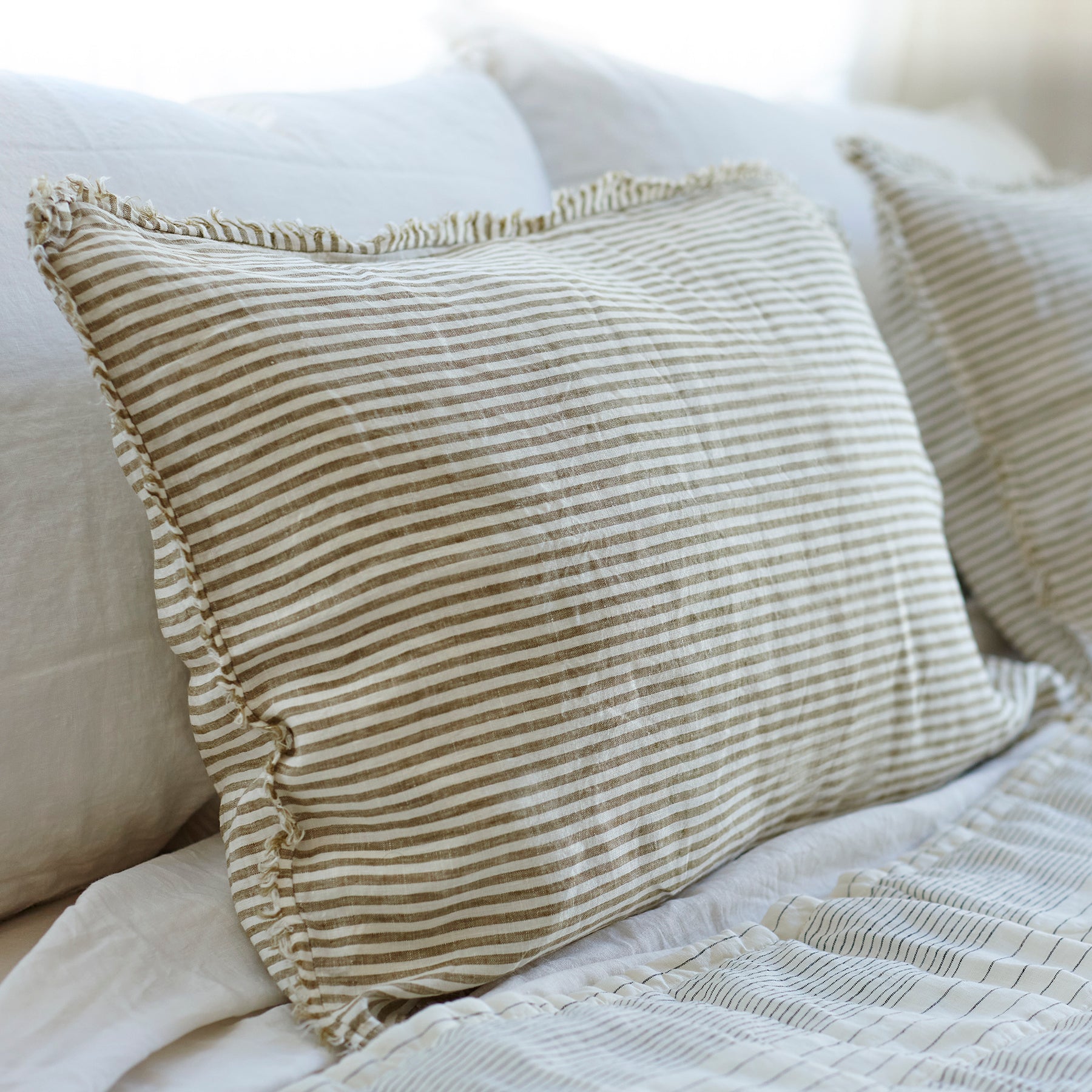 Pair of Linen Pillowcases in Olive Stripe