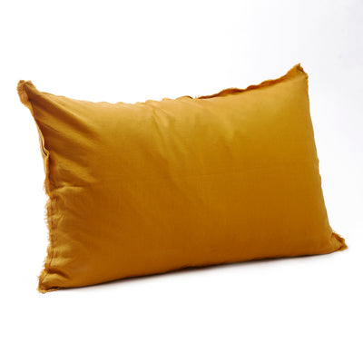 Warm mustard bedhead cushion in stonewashed French flax linen, with hand-tufted edges, adding a rich, golden touch and a modern, stylish flair.