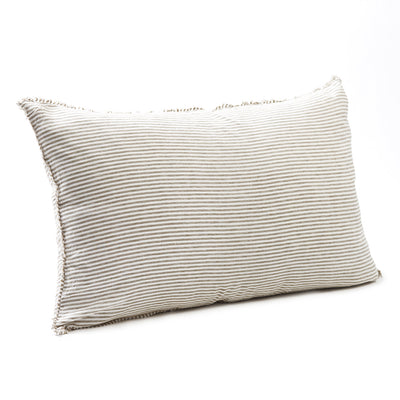 Earthy olive striped bedhead cushion in stonewashed French flax linen, with hand-tufted edges, offering a sophisticated, natural pattern and a relaxed, organic touch.