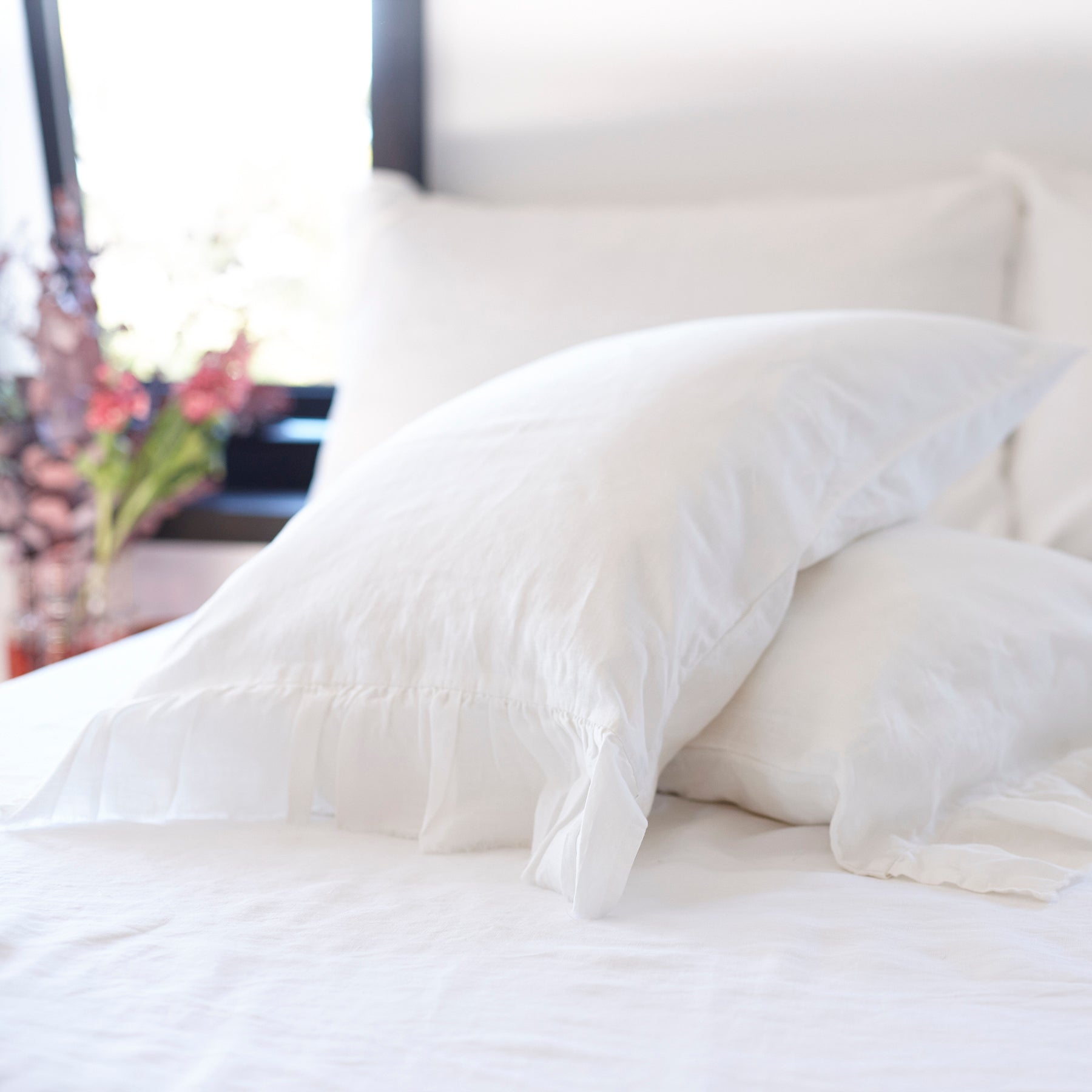 Pair of Ruffled Linen Pillowcases in Antique White