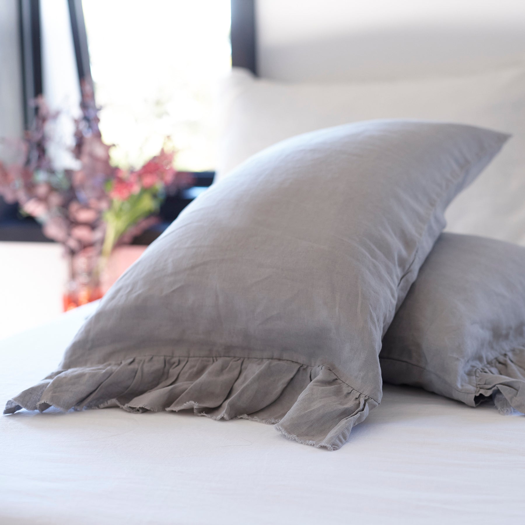 Pair of Ruffled Linen Pillowcases in Dove Grey