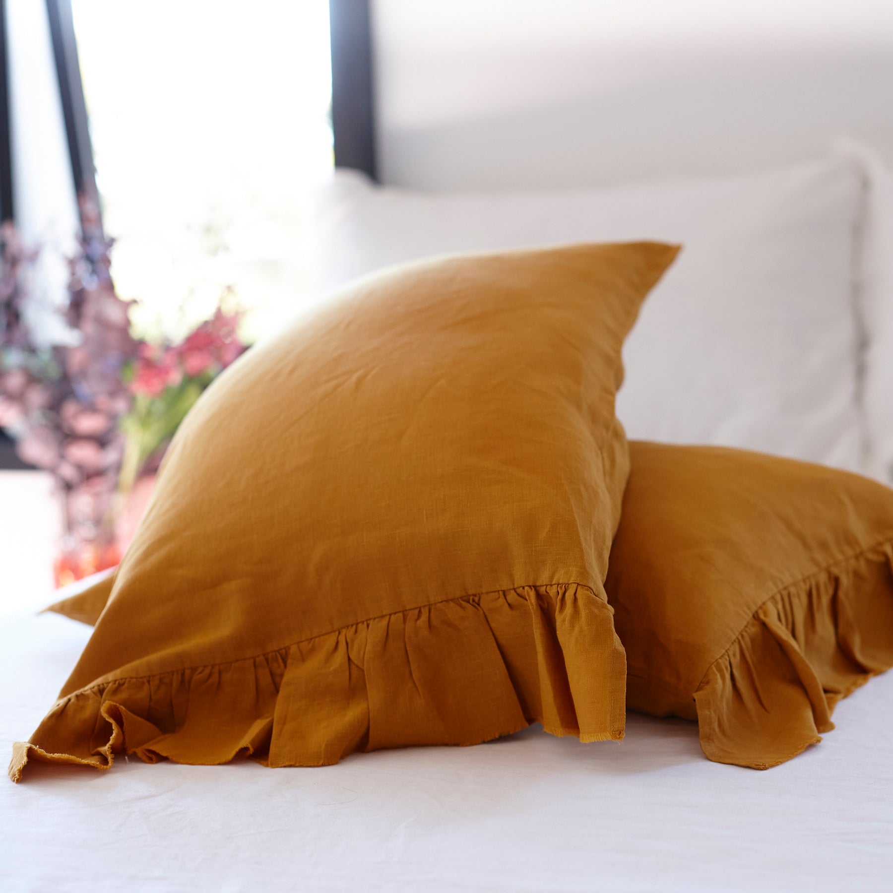 Pair of Ruffled Linen Pillowcases in Mustard