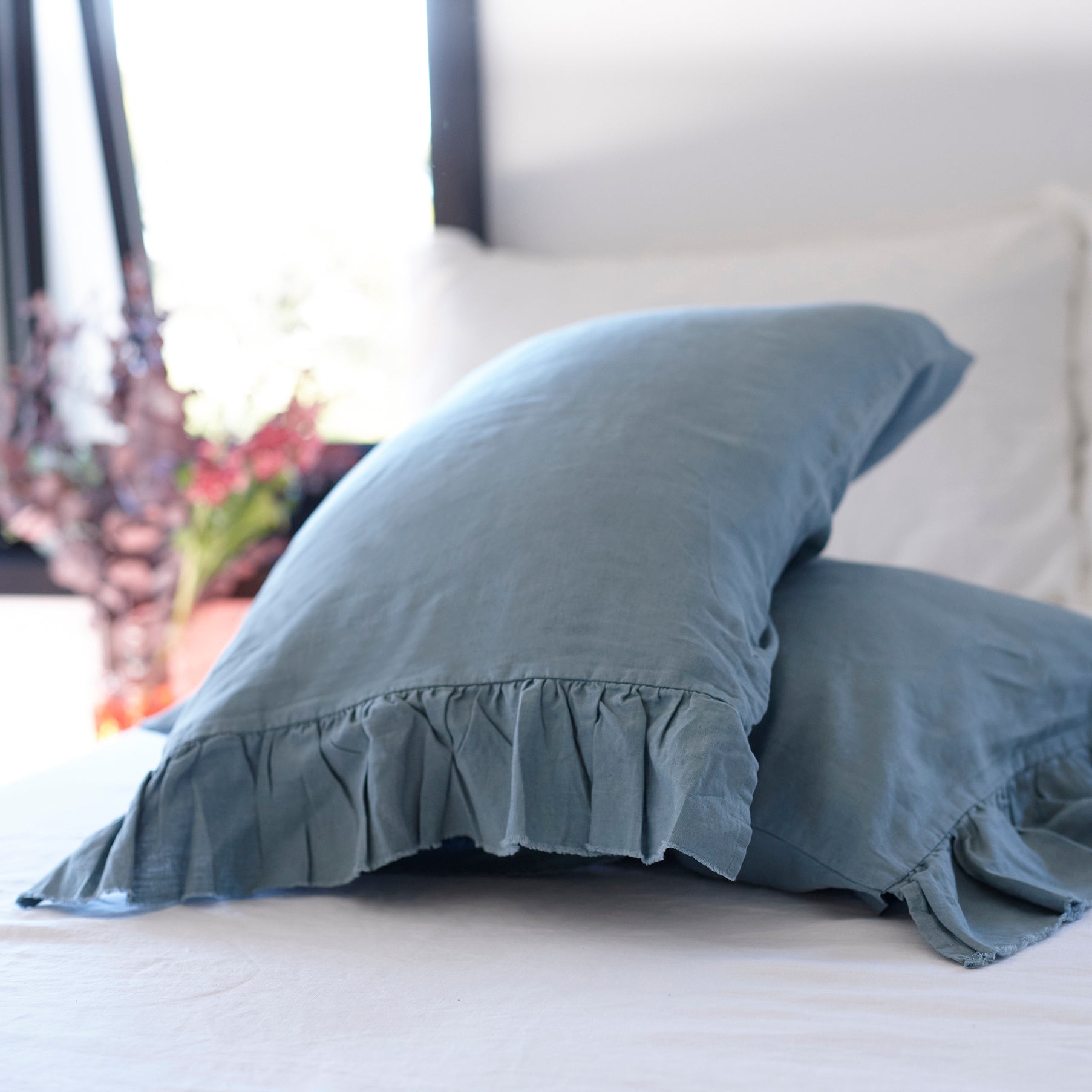 Pair of Ruffled Linen Pillowcases in Dusty Blue