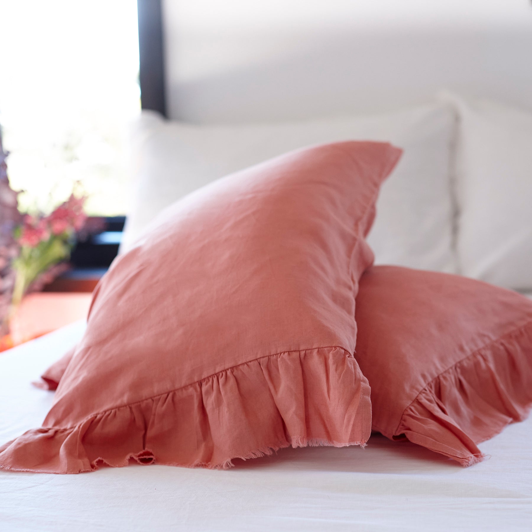 Pair of Ruffled Linen Pillowcases in Coral