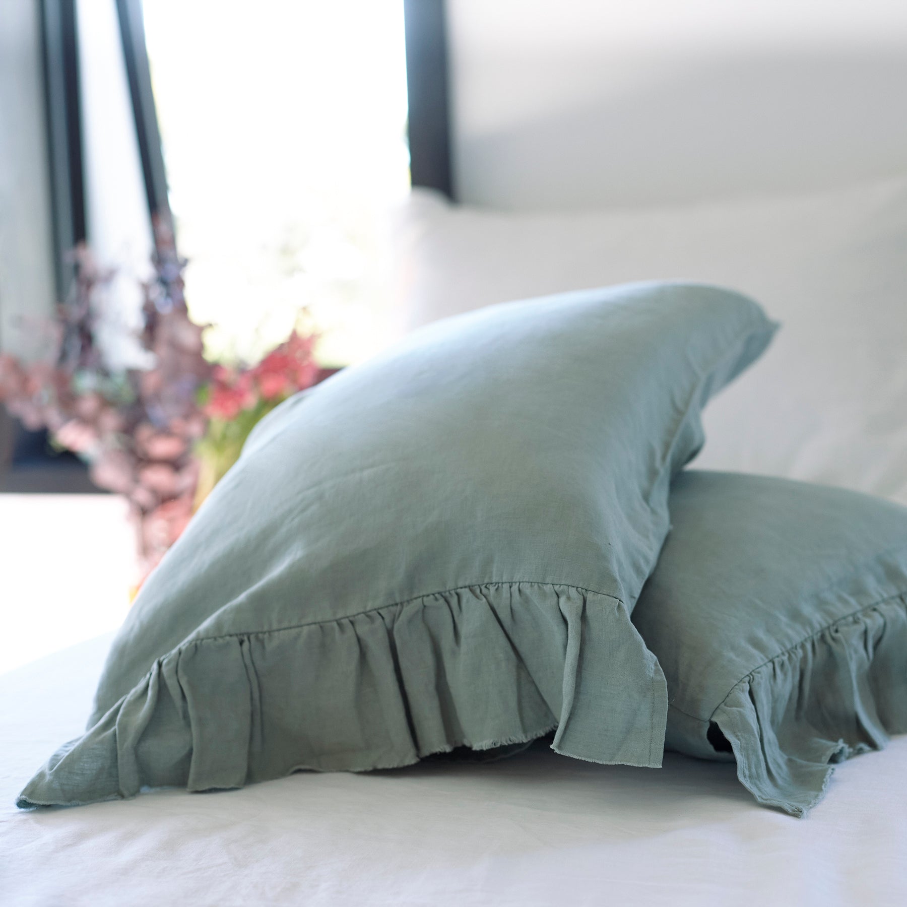 Pair of Ruffled Linen Pillowcases in Sage Green