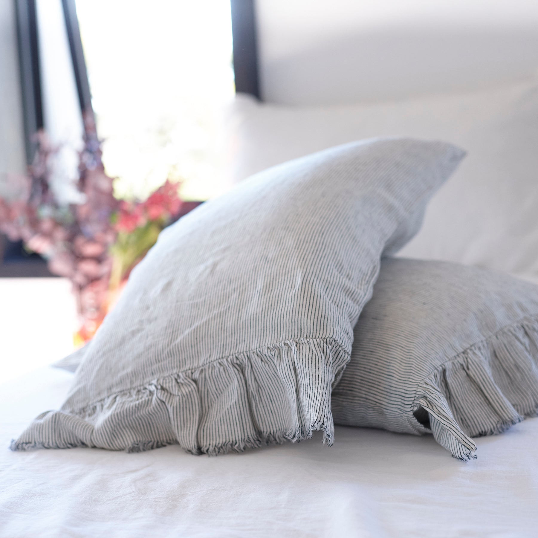 Pair of Ruffled Linen Pillowcases in Pinstripe