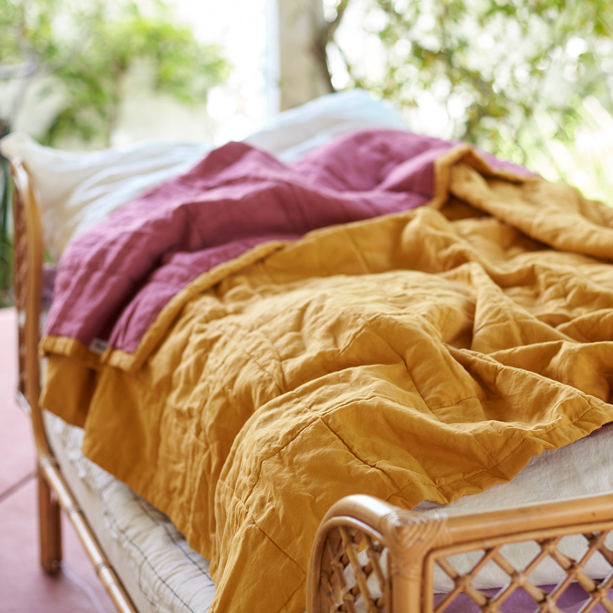 Quilted Throw in Sunflower Yellow and Raspberry