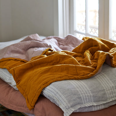Quilted Throw in Mustard and Rosewater