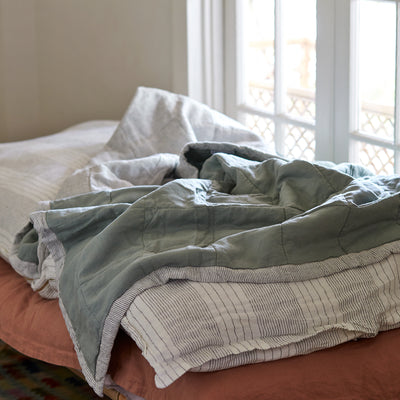 Quilted Throw in Pinstripe and Sage Green