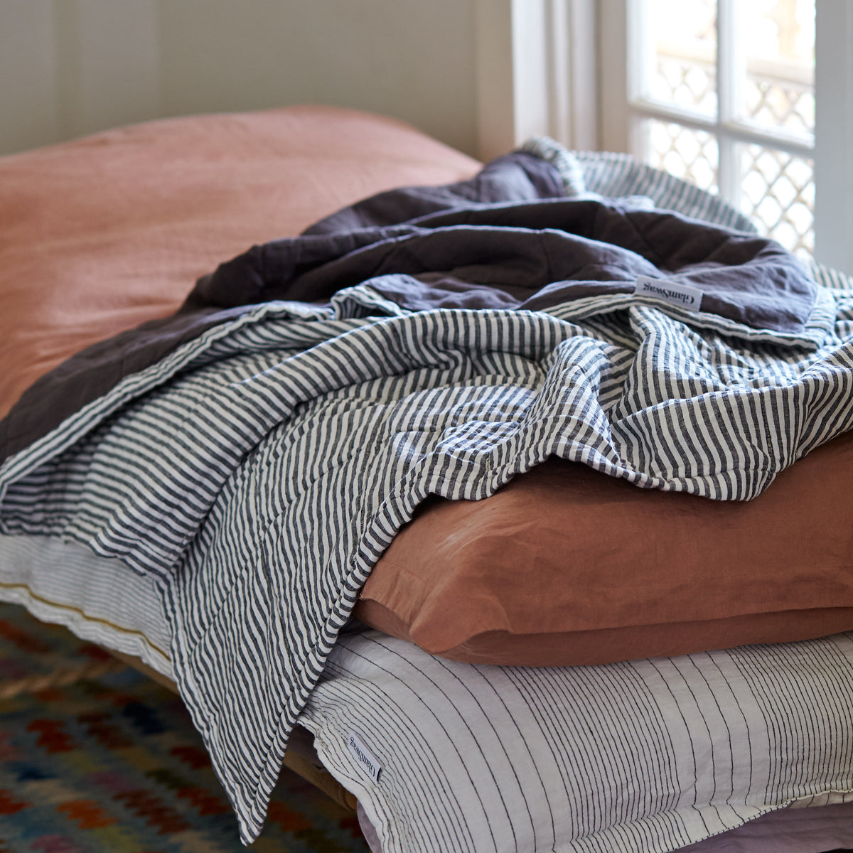 Quilted Throw in Charcoal Stripe and Charcoal