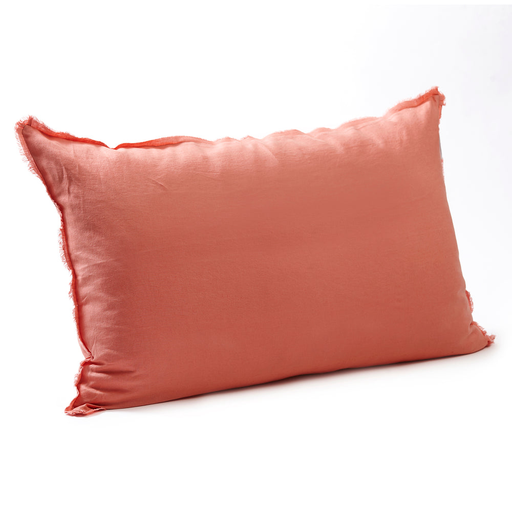 Vibrant coral bedhead cushion in stonewashed French flax linen, with hand-tufted edges for a bold, energetic pop of colour and modern charm
