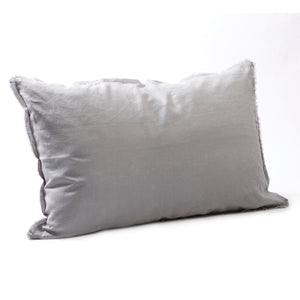 Soft dove grey bedhead cushion in stonewashed French flax linen, with hand-tufted edges for a serene, sophisticated vibe.