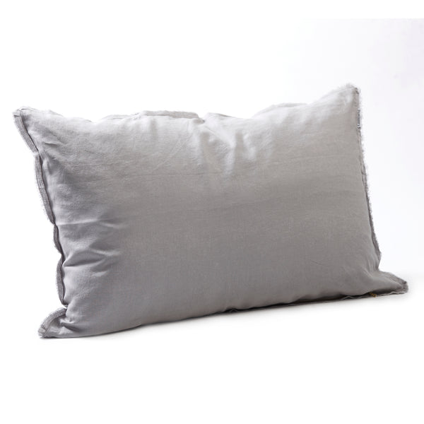 Soft dove grey bedhead cushion in stonewashed French flax linen, with hand-tufted edges for a serene, sophisticated vibe.