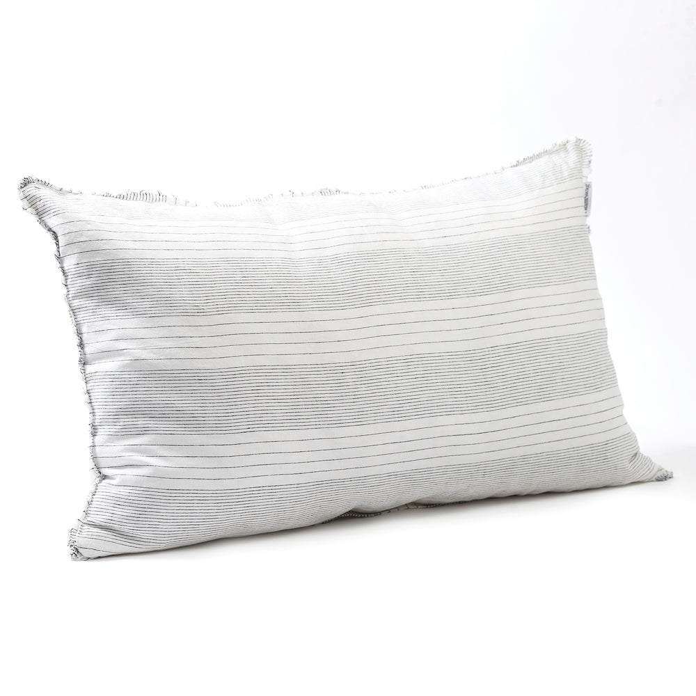 Elegant French stripe bedhead cushion in stonewashed French flax linen, featuring hand-tufted edges and a timeless striped pattern that adds a chic, sophisticated touch.