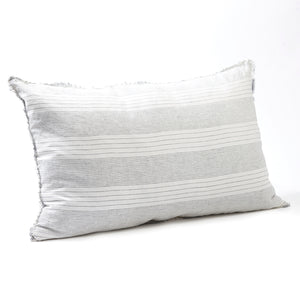 Elegant French stripe bedhead cushion in stonewashed French flax linen, featuring hand-tufted edges and a timeless striped pattern that adds a chic, sophisticated touch.