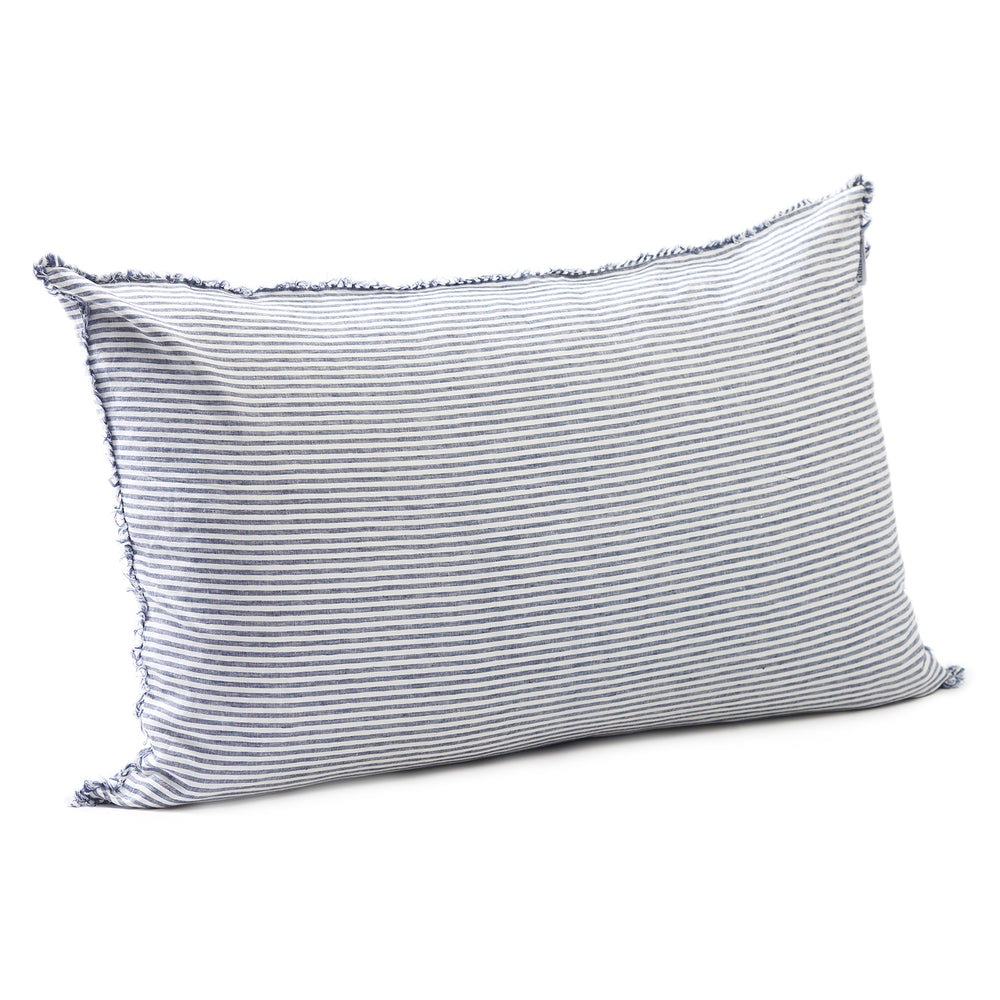 Nautical marine stripe bedhead cushion in stonewashed French flax linen, with hand-tufted edges, offering a fresh, crisp pattern that adds a coastal, sophisticated touch.