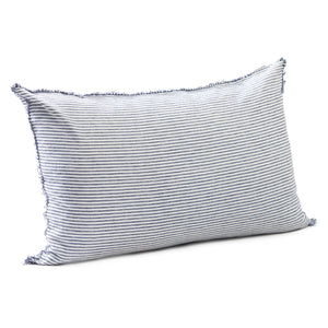 Nautical marine stripe bedhead cushion in stonewashed French flax linen, with hand-tufted edges, offering a fresh, crisp pattern that adds a coastal, sophisticated touch.