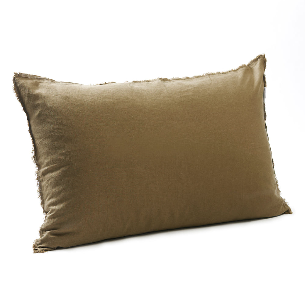 Earthy olive bedhead cushion in stonewashed French flax linen, with hand-tufted edges, offering a rich, natural hue and a relaxed, organic feel.