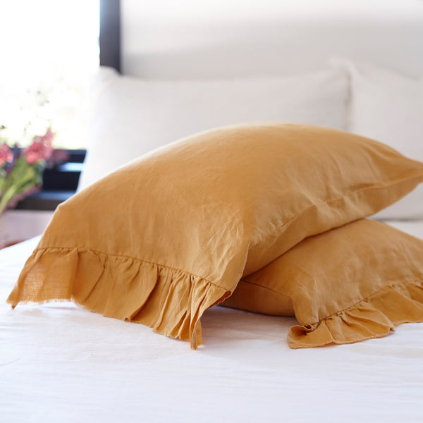 Pair of Ruffled Linen Pillowcases in Sunflower Yellow