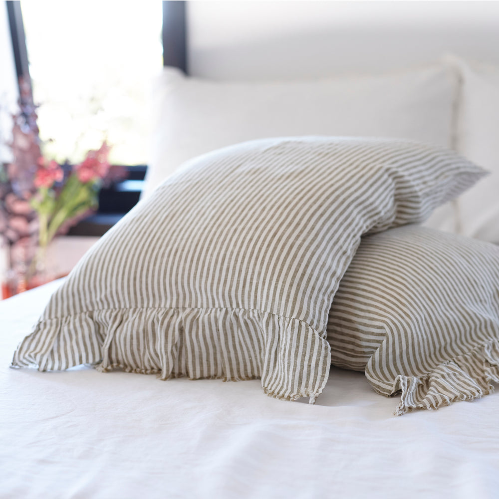 Pair of Ruffled Linen Pillowcases in Olive Stripe