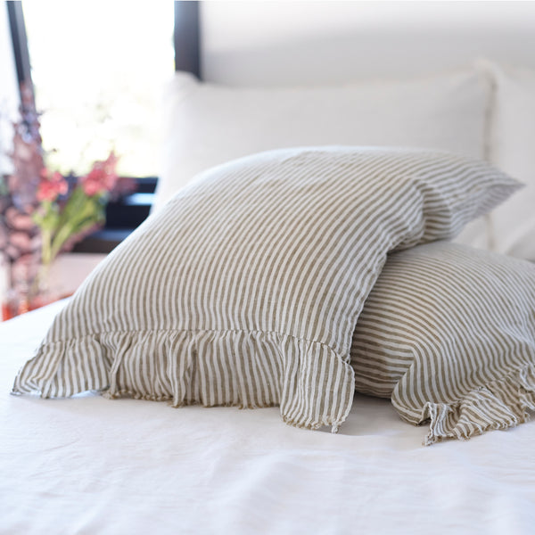 Pair of Ruffled Linen Pillowcases in Olive Stripe