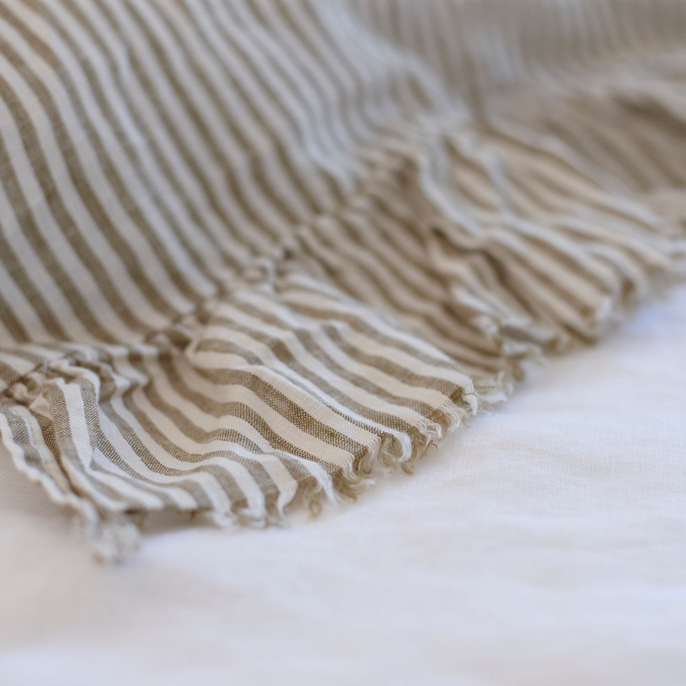 Pair of Ruffled Linen Pillowcases in Olive Stripe