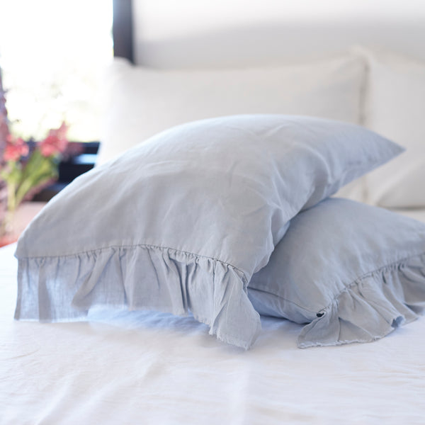 Pair of Ruffled Linen Pillowcases in Mist