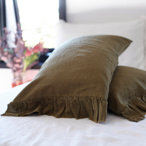 Pair of Ruffled Linen Pillowcases in Olive