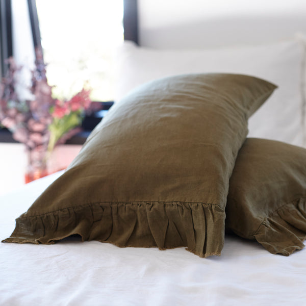 Pair of Ruffled Linen Pillowcases in Olive