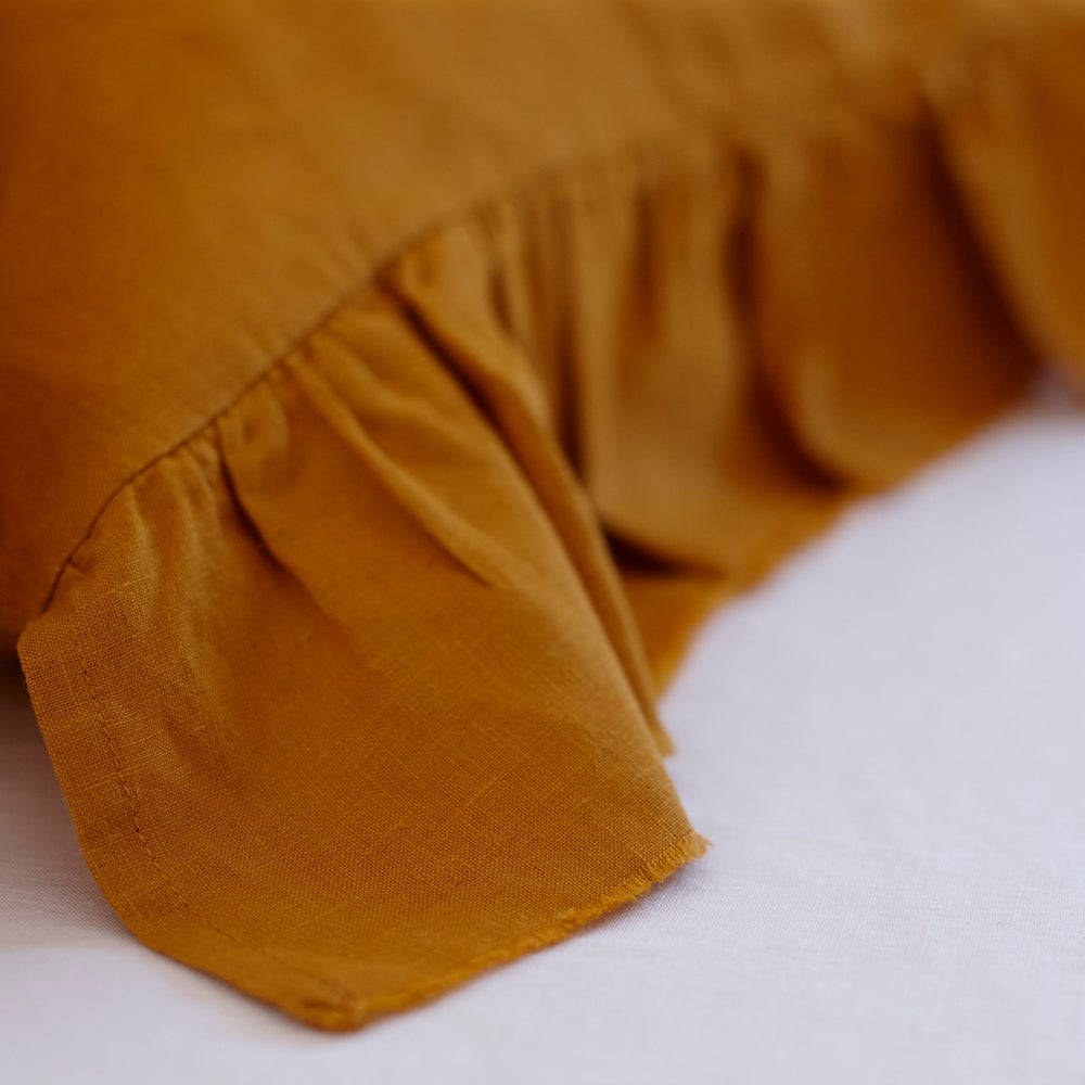 Pair of Ruffled Linen Pillowcases in Mustard