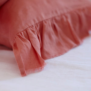 Pair of Ruffled Linen Pillowcases in Coral