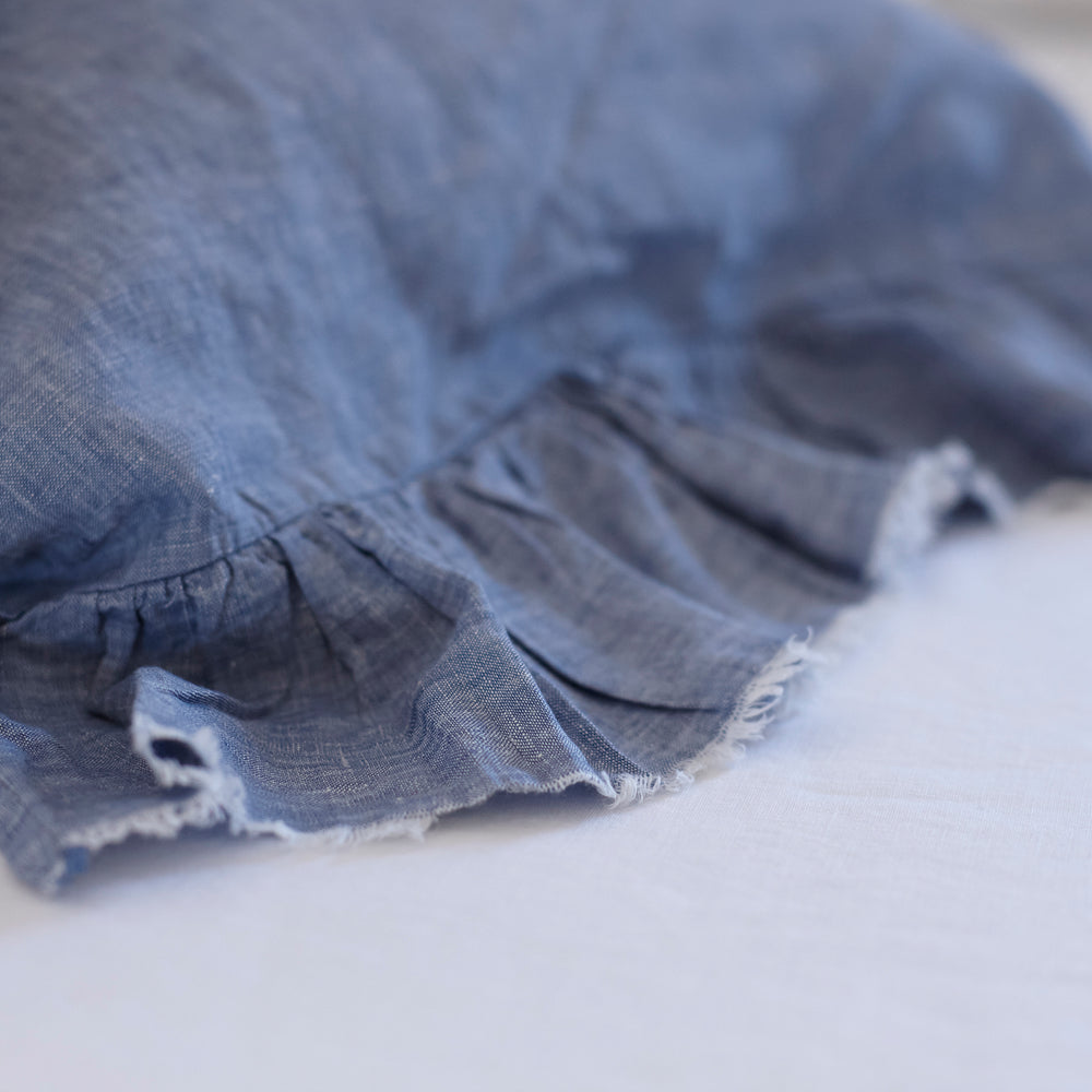 Pair of Ruffled Linen Pillowcases in Light Blue Chambray