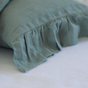Pair of Ruffled Linen Pillowcases in Sage Green
