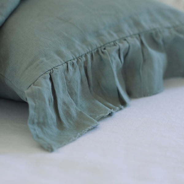 Pair of Ruffled Linen Pillowcases in Sage Green