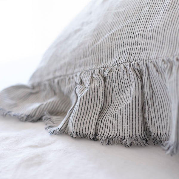 Pair of Ruffled Linen Pillowcases in Pinstripe