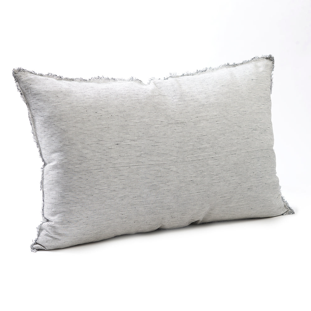 Sleek pinstripe bedhead cushion in stonewashed French flax linen, with hand-tufted edges, offering a sophisticated, modern pattern and a polished, understated look.