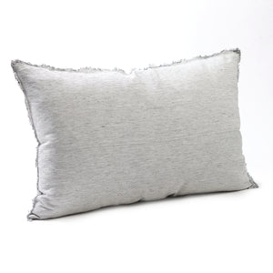 Sleek pinstripe bedhead cushion in stonewashed French flax linen, with hand-tufted edges, offering a sophisticated, modern pattern and a polished, understated look.