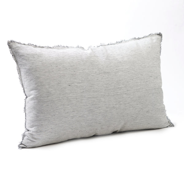 Sleek pinstripe bedhead cushion in stonewashed French flax linen, with hand-tufted edges, offering a sophisticated, modern pattern and a polished, understated look.