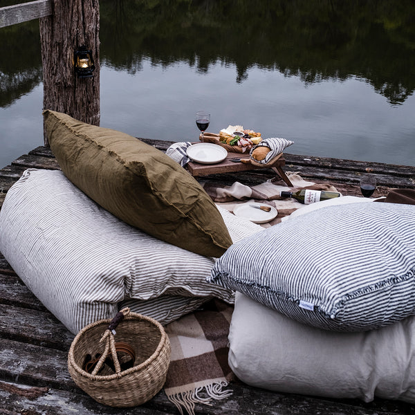 Linen Bedhead Cushion in Dark Charcoal Stripe