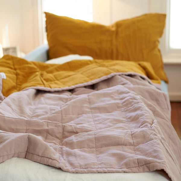 Quilted Throw in Rosewater and Mustard