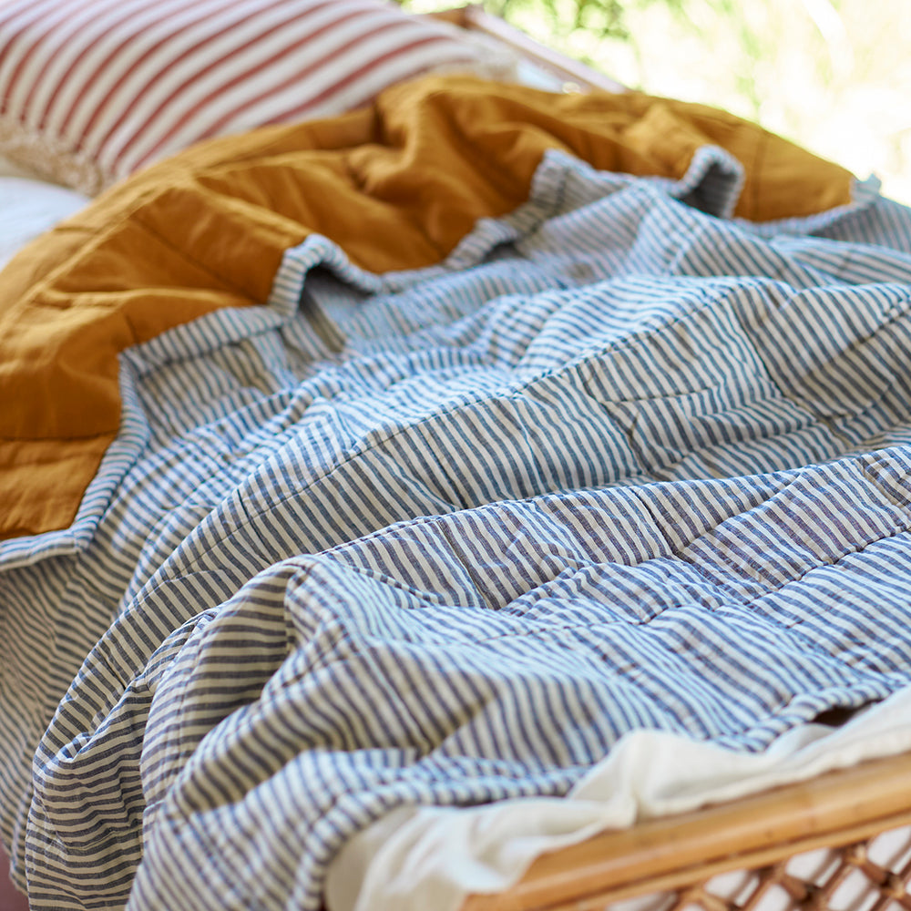 Quilted Throw in Marine Stripe and Mustard