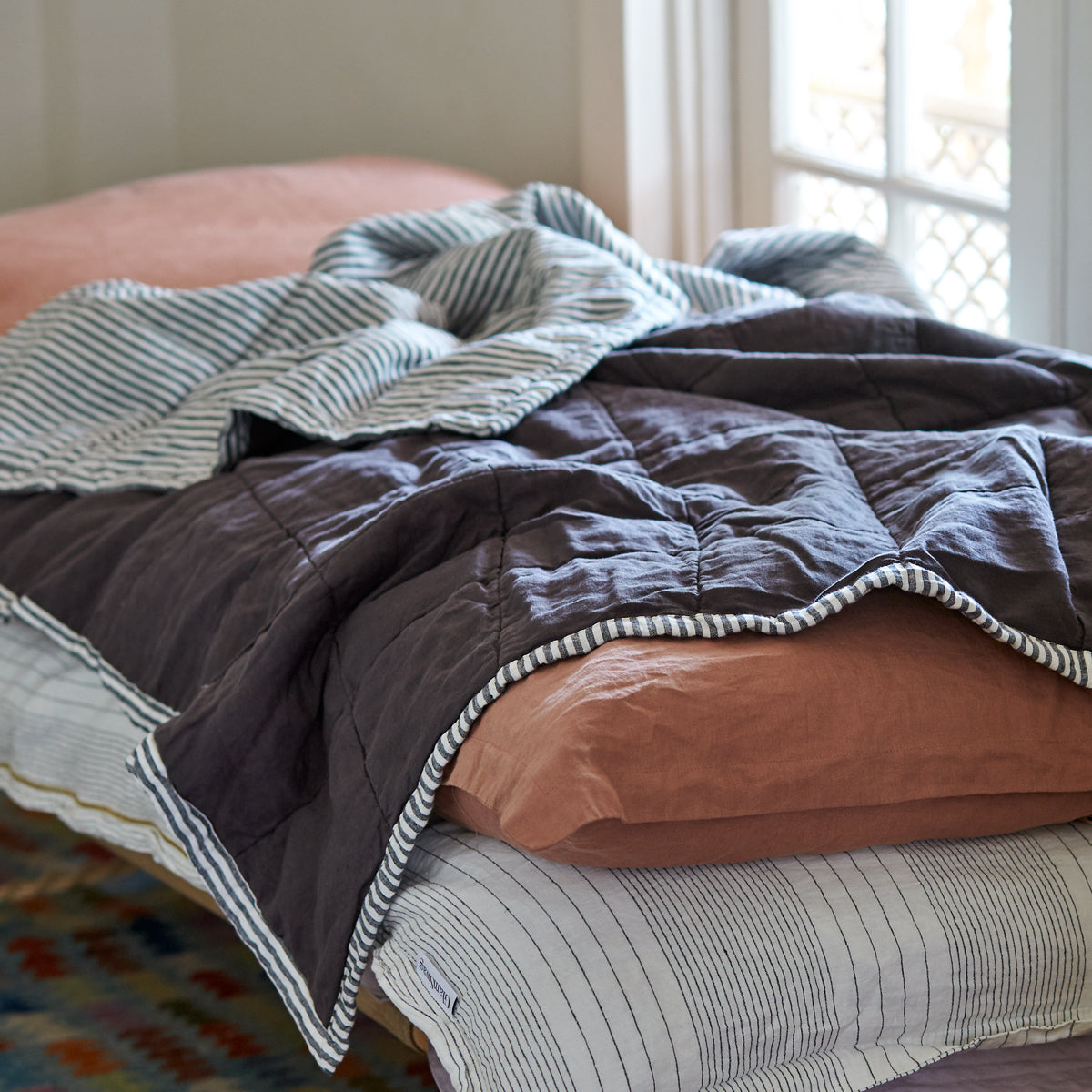 Quilted Throw in Charcoal Stripe and Charcoal