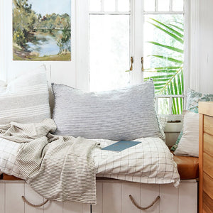 Linen Bedhead Cushion in Dark Charcoal Stripe