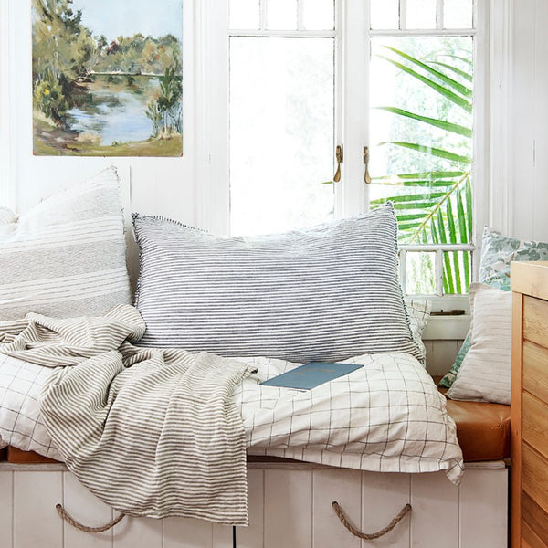Linen Bedhead Cushion in Dark Charcoal Stripe